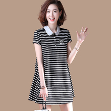 条纹连衣裙宽松A字裙女装 M408 夏装 娃娃领休闲短袖 衣品乐原创大码