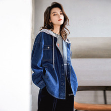 衣品天成牛仔外套女秋装韩版宽松2018新款学生夹克撞色连帽上衣潮图片