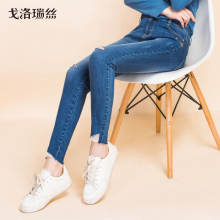 戈洛瑞丝2018年秋季新款牛仔裤女九分蕾丝拼接破洞铅笔裤学生弹力图片