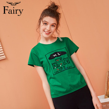 【夏热卖】fairy2018夏新款女简约圆领字母修身显瘦短袖T恤上衣