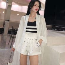 三件套女 时尚 chic条纹吊带上衣阔腿短裤 套装 宽松防嗮开衫 夏季韩版