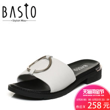 聚BASTO/百思图夏季专柜同款牛皮居家休闲露趾女皮凉拖鞋TQX04BT7