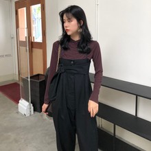 港味chic秋季百搭长袖打底衫+高腰显瘦吊带连体裤背带阔腿裤套装