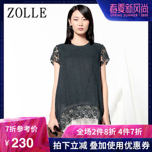 ZOLLE因为夏季新品圆领短袖钩花镂空蕾丝宽松大码女装上衣