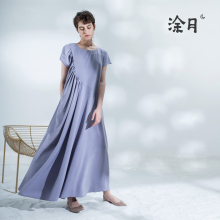 涂月设计款莫兰迪色系连衣裙女秋2018新款短袖褶皱不规则拼接长裙图片