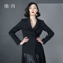 涂月设计师款复古双排扣枪驳领黑色西装外套女休闲长袖短外套图片