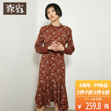 森宿Y冬装2018文艺新款立领雪纺碎花印花长袖修身A字裙中长连衣裙图片