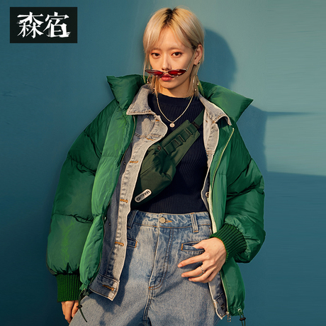 森宿Y绿色短款牛仔拼接棉衣女冬装2018新款韩版加厚宽松休闲棉袄商品大图