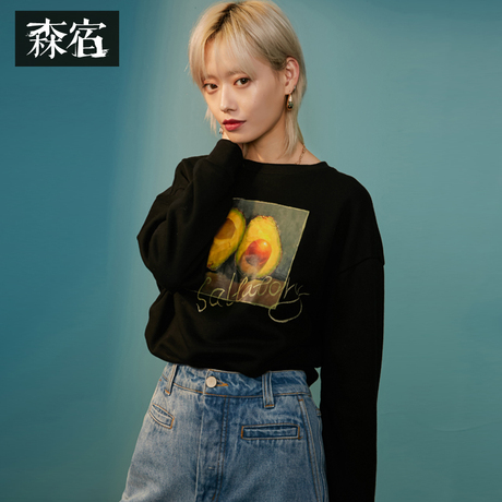 森宿Y黑色印花加绒套头卫衣女秋冬装2018新款ins宽松圆领长袖上衣商品大图