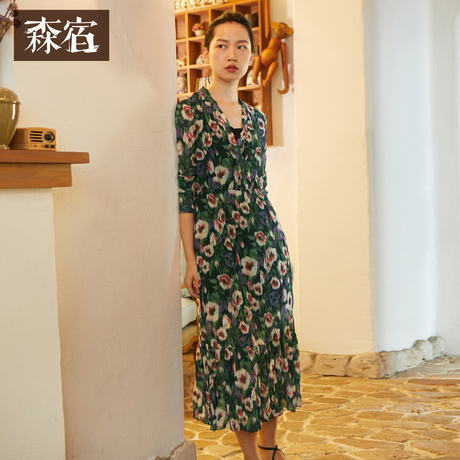 森宿Y雪纺碎花连衣裙女秋装2018新款气质长袖收腰中长款A字裙子商品大图