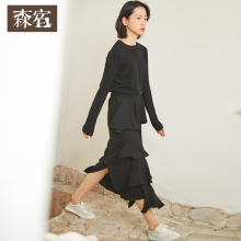 森宿Y黑色显瘦半身裙女秋装2018新款不规则中长款松紧腰A字裙子图片