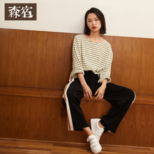森宿Y长袖针织条纹T恤女秋装2018新款宽松圆领显瘦超薄打底上衣图片