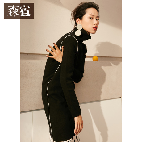 森宿Y黑色针织连衣裙女早秋冬装2018新款圆领中长款长袖A字裙子商品大图