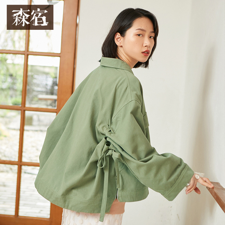 森宿Y纯色工装短外套女秋装2018新款ulzzang宽松休闲长袖系带上衣商品大图