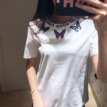 圆领百搭ins上衣 T恤女 蝴蝶绣花宽松休闲chic全棉短袖 M家18夏新款
