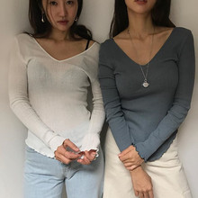 长袖 T恤打底衫 tee 韩国代购 微透视木耳边V领修身 东大门 LL2