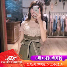 网纱拼接绣花百搭短袖 束腰显瘦圆领针织衫 上衣女薄款 2019新款 清凉