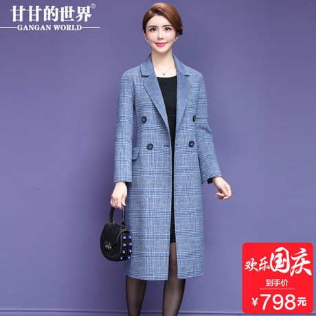 【80%羊毛】甘甘的世界2018秋冬新款西装领格纹毛呢大衣中长款女商品大图