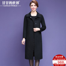 【全羊毛】甘甘的世界秋冬新款翻领中年妈妈中长款黑色毛呢外套女图片