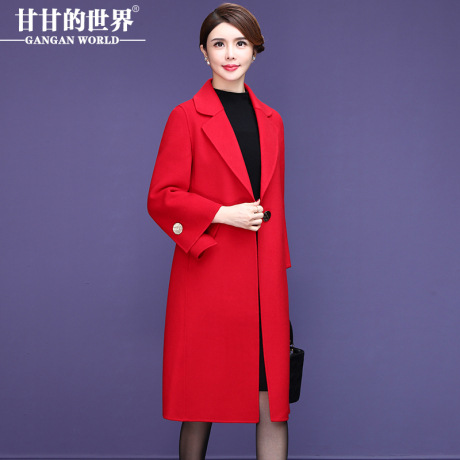 【全羊毛】甘甘的世界秋冬新款翻领中年妈妈中长款纯色毛呢外套女商品大图