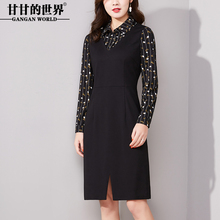 甘甘的世界新款2018春装女假两件印花长袖翻领显瘦女妈妈装连衣裙图片