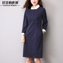 甘甘的世界春秋连衣裙长袖女新款2018大码弹力娃娃领藏蓝色铅笔裙图片