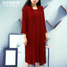 假两件连衣裙女圆领22017秋装新款甘甘的世界纯色显瘦中长裙女装图片