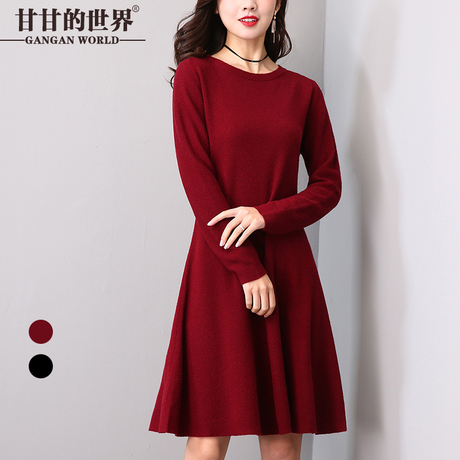 100%羊毛连衣裙女圆领长袖中长款2018冬新款甘甘的世界打底裙D商品大图