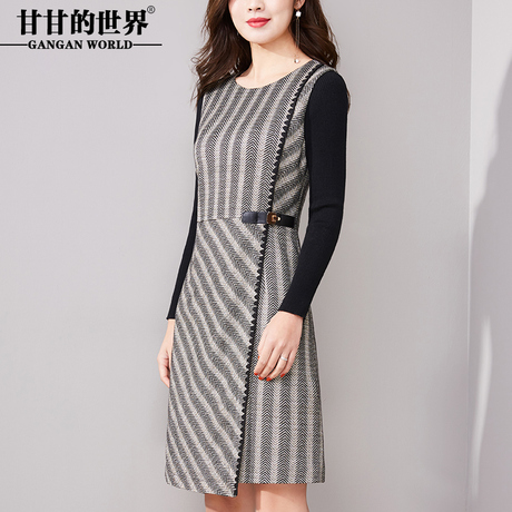 甘甘的世界妈妈连衣裙高贵端庄大气春秋长袖2018新款条纹显瘦大码商品大图