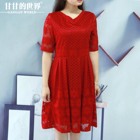 蕾丝连衣裙女V领2017新款甘甘的世界韩版高腰短袖拼接中长裙女装商品大图