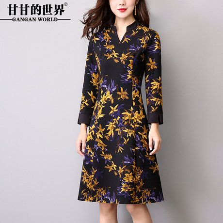 连衣裙女印花V领2018春装新款甘甘的世界收腰显瘦碎花长袖裙女装商品大图