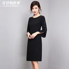 连衣裙女2018春秋新款甘甘的世界中长款九分袖手工钉珠圆领连衣裙图片