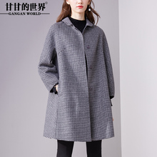 甘甘的世界纯手工双面呢外套女千鸟格宽松高端呢子大衣中长款大衣图片