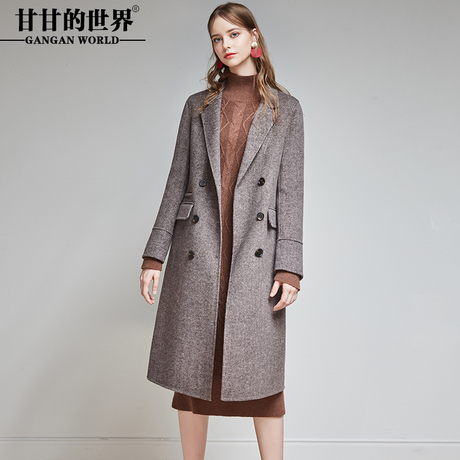 甘甘的世界100%羊毛双面呢大衣西装翻领人字纹中长款毛呢外套反季商品大图