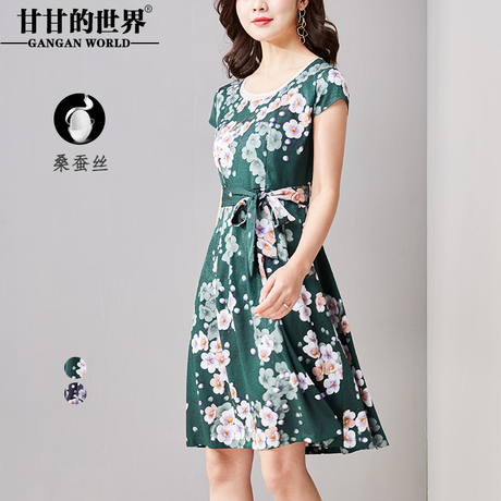 D真丝弹力缎植物印花连衣裙女甘甘的世界新款桑蚕丝连衣裙女显瘦商品大图