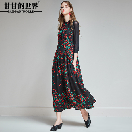 甘甘的世界2018秋装新款连衣裙女七分袖印花长款大码中年女装D商品大图
