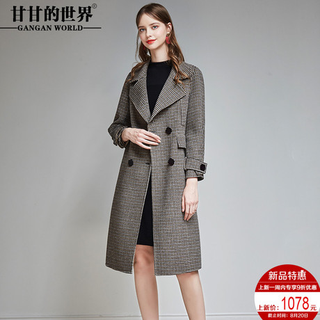 甘甘的世界2018秋冬新款毛呢外套女格子长袖宽松中长款双面呢大衣商品大图