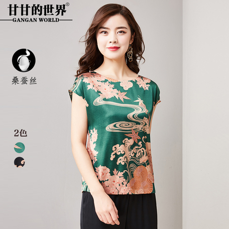 甘甘的世界2018新款夏季缎面印花真丝衫女T恤桑蚕丝衬衫中年女D商品大图