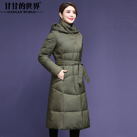 高领连帽羽绒服女过膝长款外套修身腰带冬季新款甘甘的世界防风商品大图