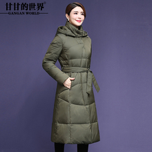 高领连帽羽绒服女过膝长款外套修身腰带冬季新款甘甘的世界防风图片