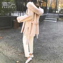 润乙一连帽收腰显瘦双面呢大衣女中长款2018冬装新款流行毛呢外套图片