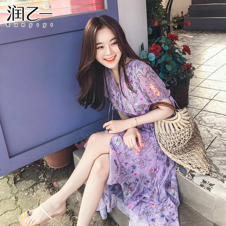 润乙一温柔裙女2018夏装新款不规则荷叶边雪纺连衣裙长裙商品大图