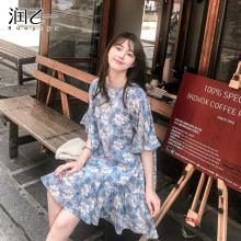 润乙一荷叶边印花连衣裙女中长款2018夏装新款韩版宽松圆领娃娃衫图片