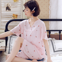 短袖 套装 可爱女士纯棉绸绵绸家居服夏春季人造棉布睡衣薄款 空调服