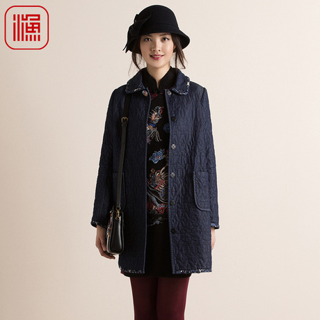 渔牌 2018秋冬新款中长款休闲长袖牛仔棉衣女装棉服外套商品大图