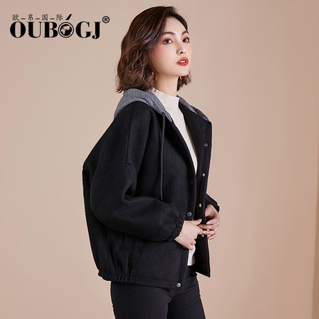 OUBOGJ连帽毛呢外套女长袖黑色秋冬女装2018新款韩版短款呢子衣潮商品大图