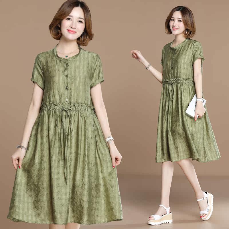 九月陌墨 2018夏季新款女装短袖复古格子连衣裙 中长文艺宽松裙子