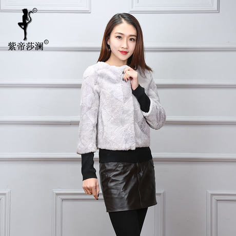 Z帝莎澜女装2017新款圆领绵羊皮皮毛一体拼块短款外套PMYT71016T商品大图