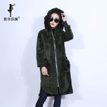 紫帝莎澜女装2017狐狸毛帽版羊剪绒皮草大衣休闲长外套YJR71220T图片