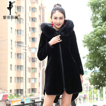 紫帝莎澜女装2018狐狸毛帽版羊剪绒皮草大衣休闲长外套YJR80326T图片